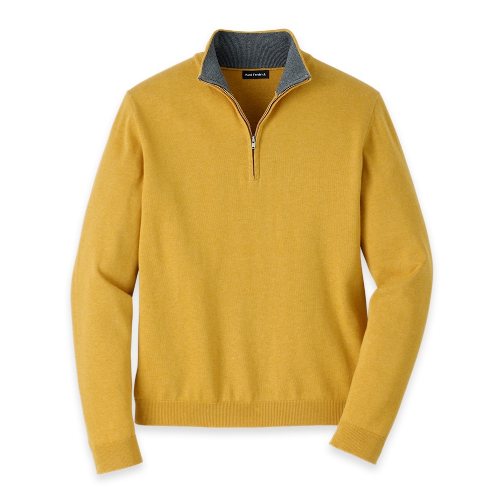 NWT Paul Fredrick Supima Cotton Quarter Zip Mock Neck Sweater Mustard Yellow L